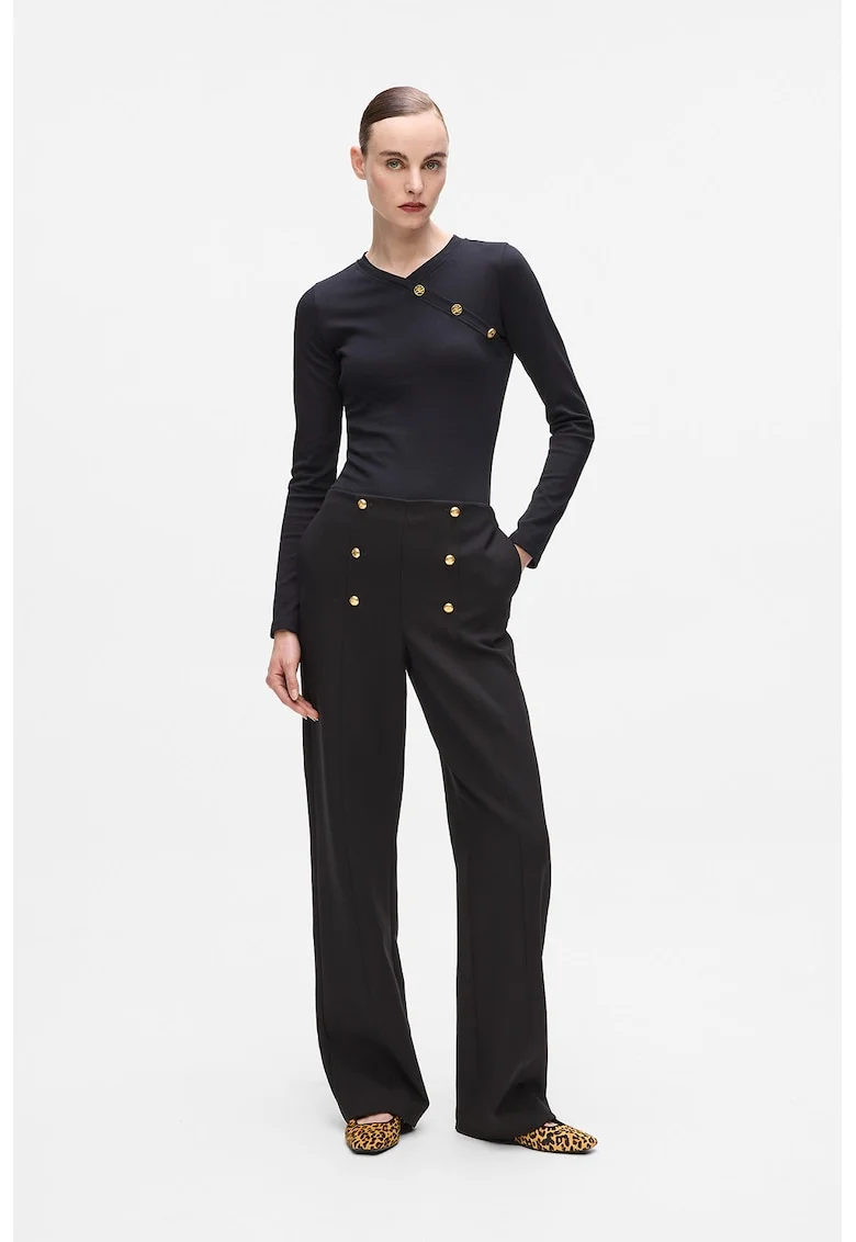 Pantaloni cu talie inalta si nasturi decorativi, Negru