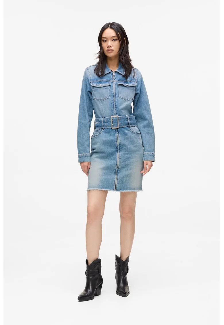 Rochie cambrata din denim cu o curea in talie, Albastru pastel