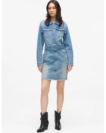 Rochie cambrata din denim cu o curea in talie, Albastru pastel