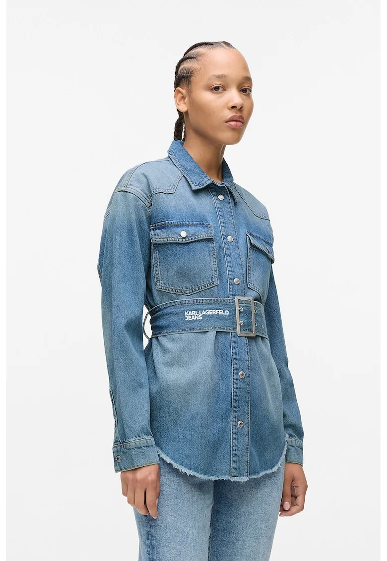 Camasa din denim cu o curea in talie, Albastru pastel