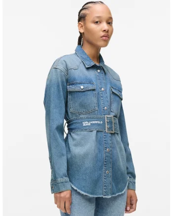 Camasa din denim cu o curea in talie, Albastru pastel