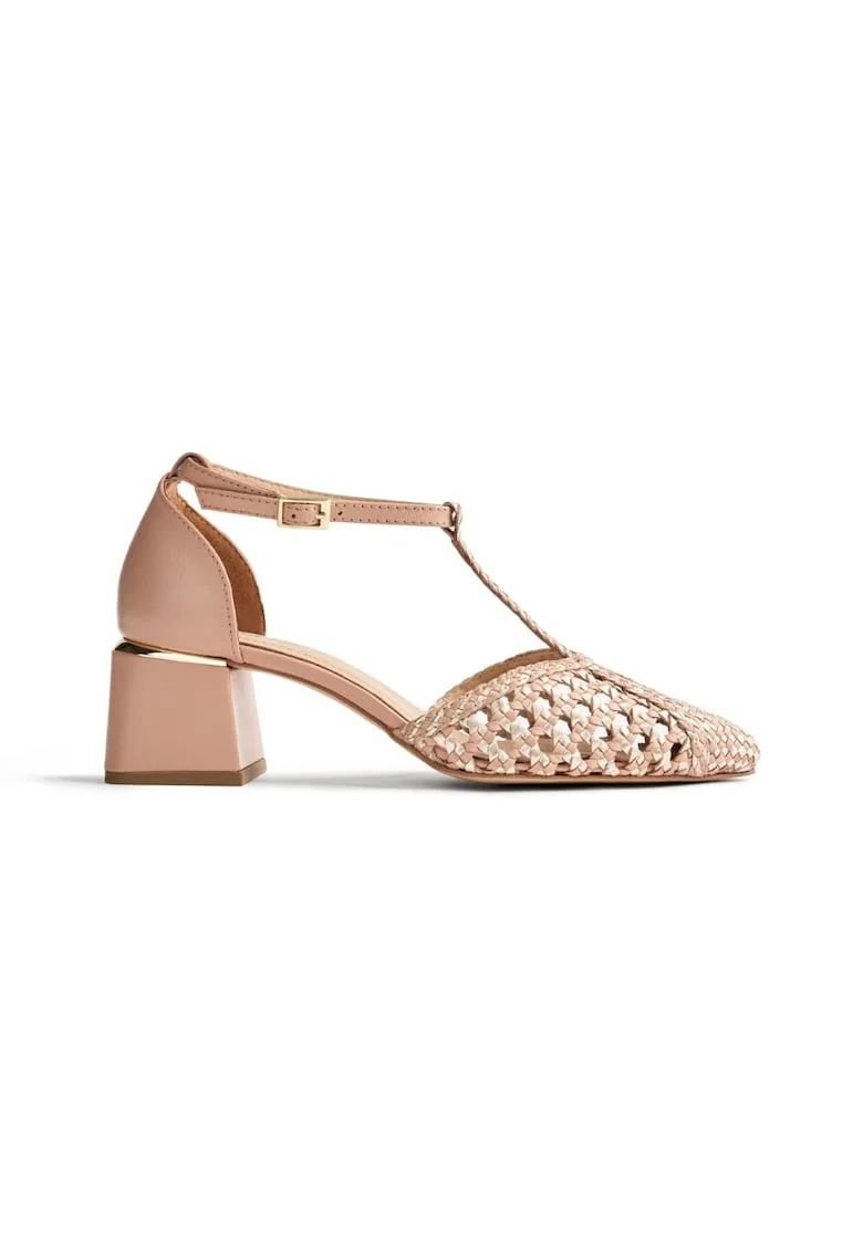 Pantofi de piele cu toc masiv, Bej deschis