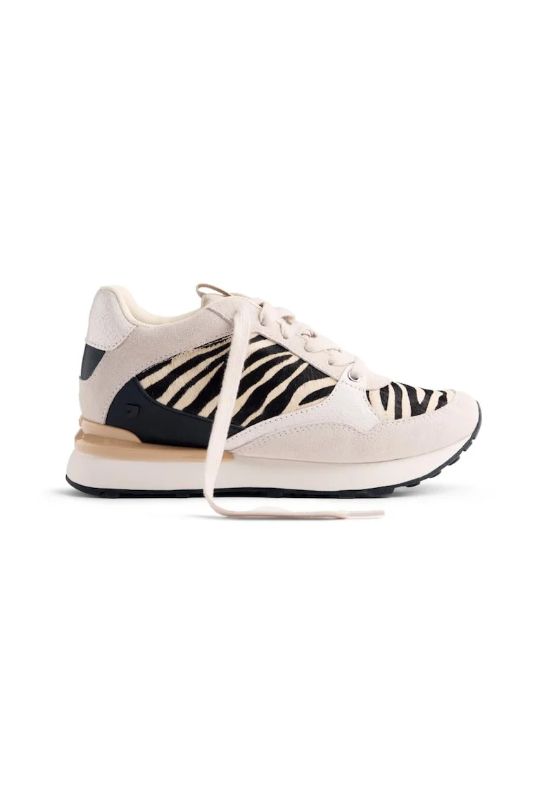 Pantofi sport wedge cu animal print si insertii de piele intoarsa, Alb/Negru