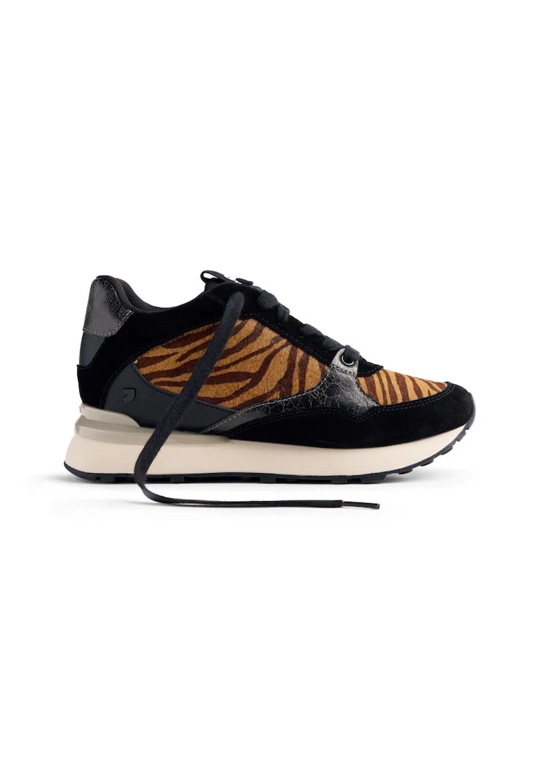 Pantofi sport wedge cu animal print si insertii de piele intoarsa, Maro