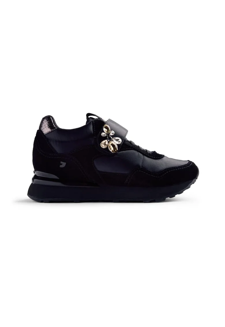 Pantofi sport wedge de piele intoarsa cu detaliu cu bijuterie, Negru