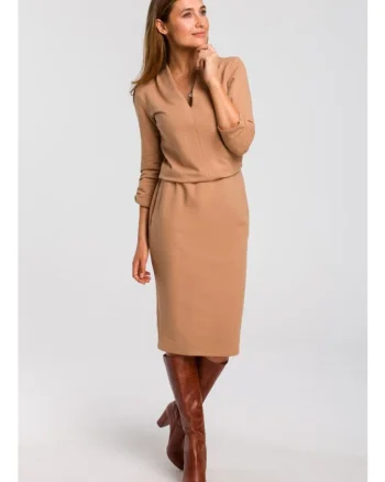 Rochie tricotata cu decolteu - cappuccino,