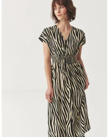 Rochie midi cu animal print, Alb fildes/Negru