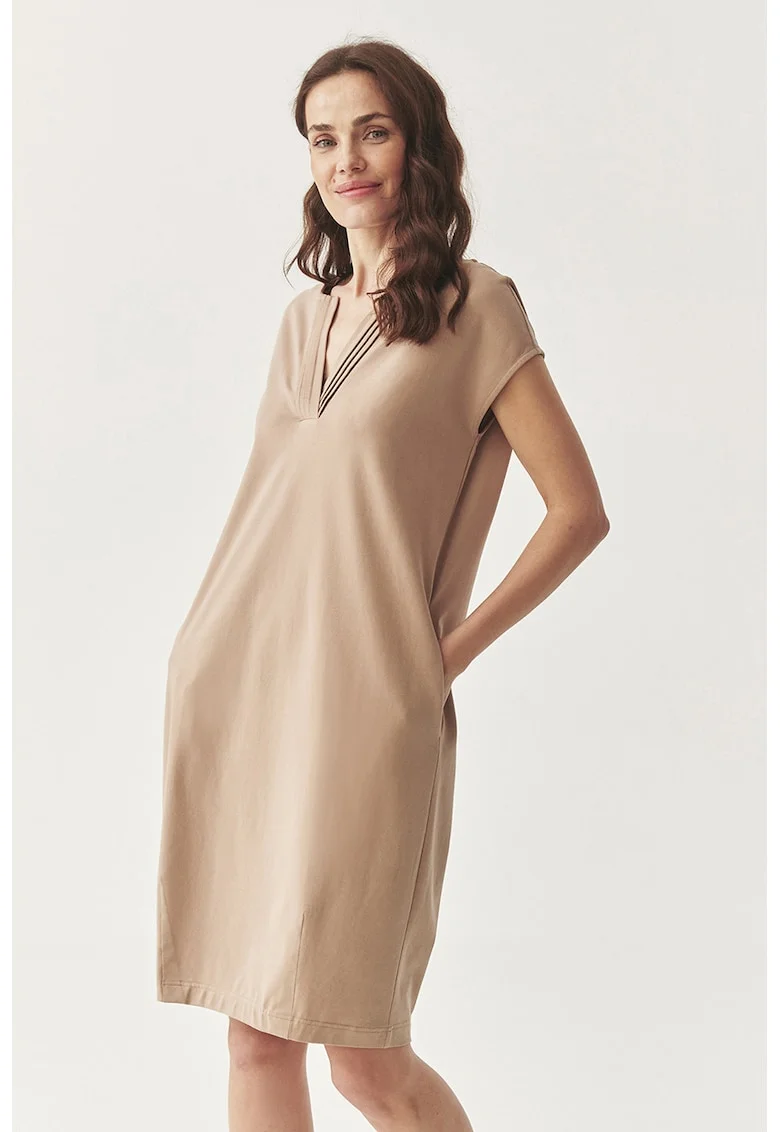 Rochie midi cu buzunare oblice, Bej inchis