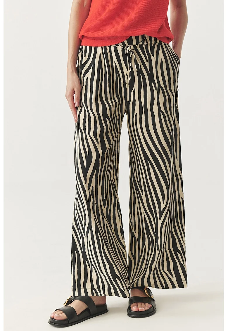 Pantaloni cu croiala ampla si animal print, Alb fildes/Negru