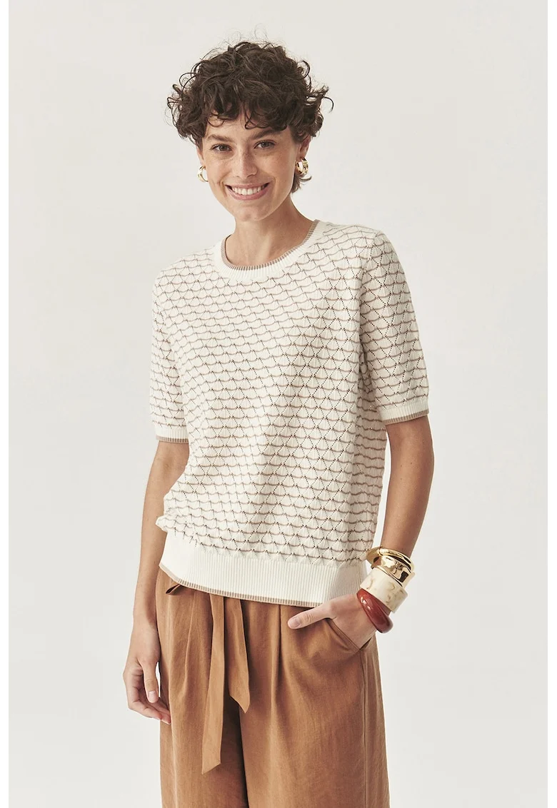 Tricou crosetat cu model in dungi, Alb fildes/Maro