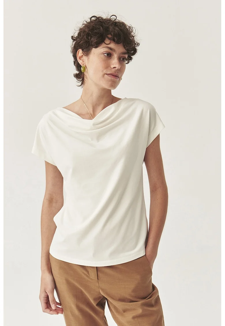 Tricou din amestec de modal si decolteu drapat, Alb fildes