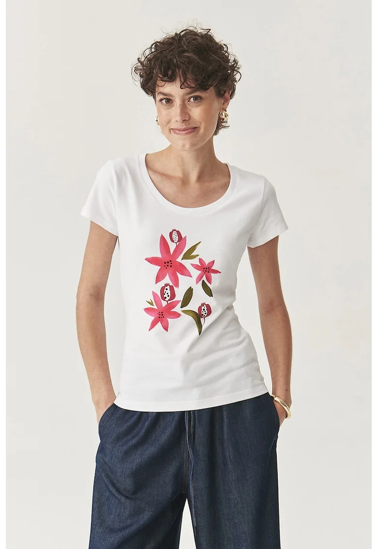 Tricou cu imprimeu floral pe partea din fata si decolteu rotund, Alb/Fucsia/Verde masliniu