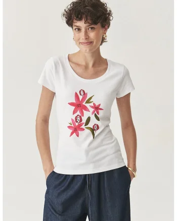 Tricou cu imprimeu floral pe partea din fata si decolteu rotund, Alb/Fucsia/Verde masliniu