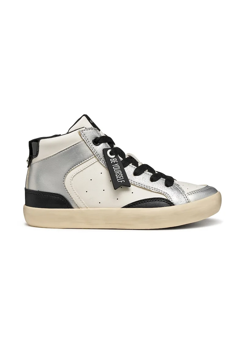 Pantofi sport de piele ecologica cu fermoar, Negru/Alb murdar/Argintiu
