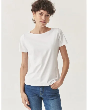 Bluza din amestec de bumbac cu decolteu rotund, Alb