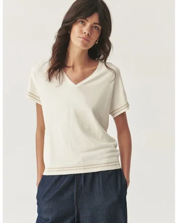 Tricou cu dungi contrastante si decolteu in V, Crem