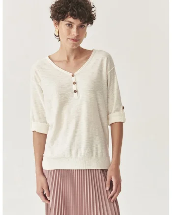 Bluza lejera cu maneci cazute si decolteu in V, Bej