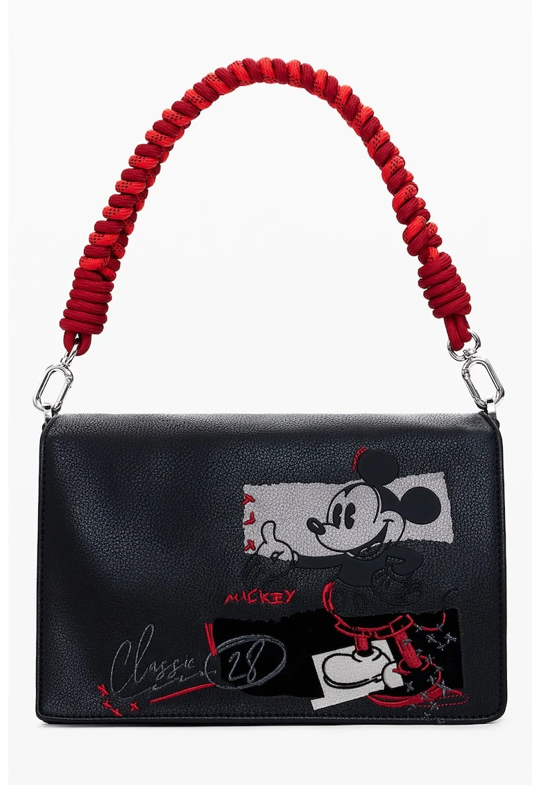 Geanta de piele ecologica cu maner si model Mickey Mouse, Rosu/Negru