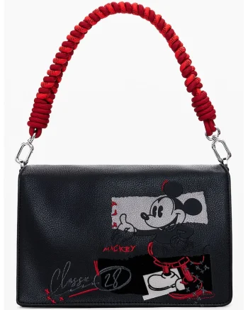 Geanta de piele ecologica cu maner si model Mickey Mouse, Rosu/Negru