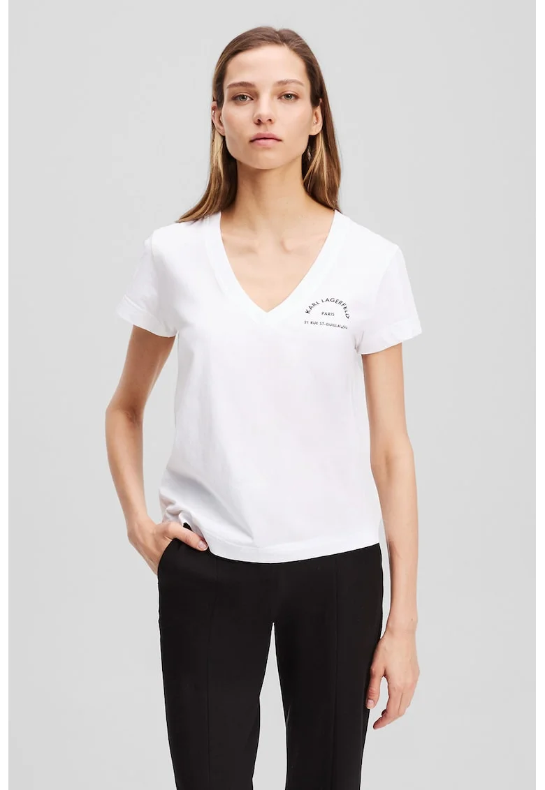 Tricou din bumbac organic cu imprimeu logo si decolteu in V, Alb