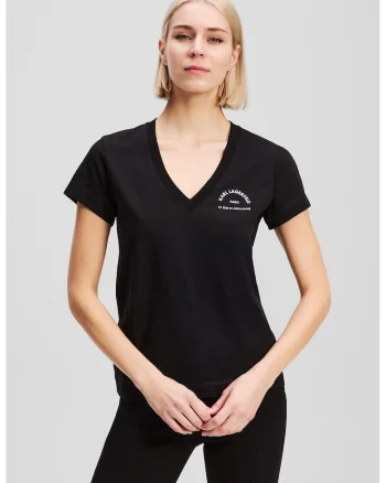 Tricou din bumbac organic cu imprimeu logo si decolteu in V, Negru
