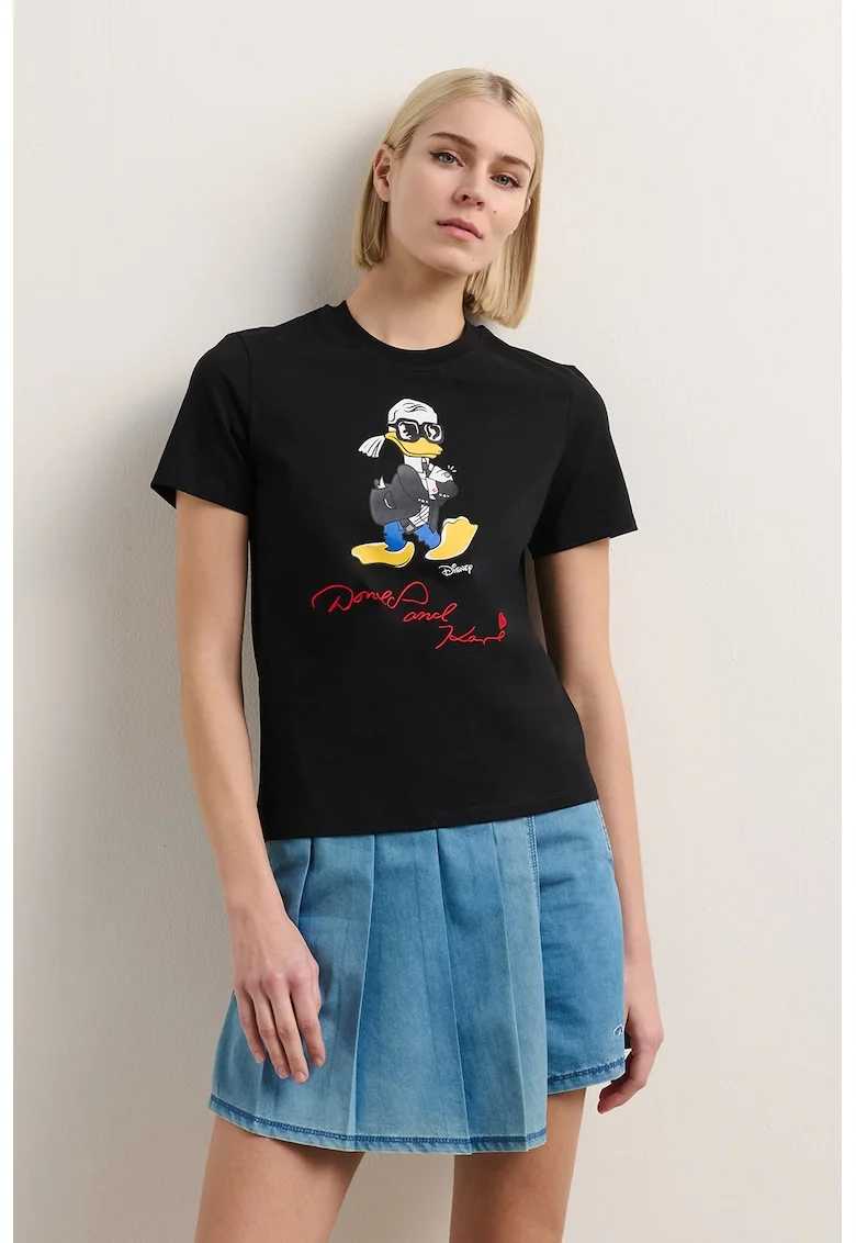 Tricou cu imprimeu si text brodat, Negru
