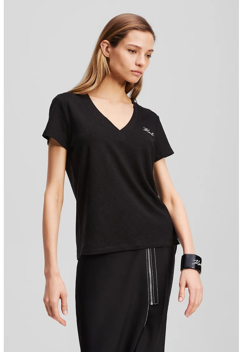 Tricou din amestec de in cu logo, Negru