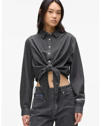 Camasa crop cu prindere frontala, Gri inchis