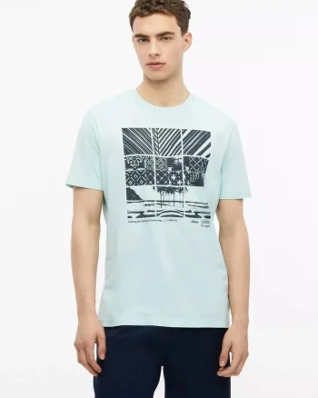 Tricou barbati, din bumbac, cu imprimeu frontal, Turcoaz deschis