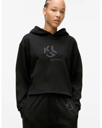 Hanorac crop cu imprimeu logo, Negru