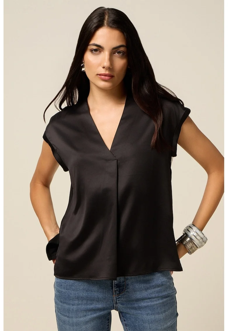 Bluza cu maneci scurte si aspect de satin, Negru