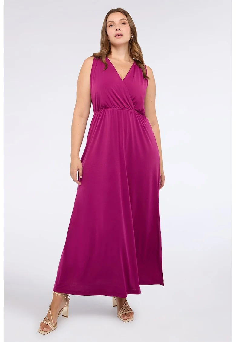 Rochie uni cu decolteu in V, Fucsia