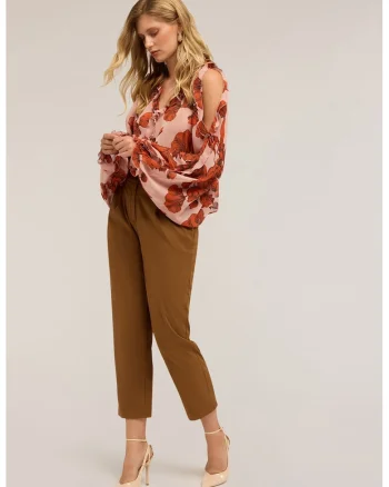 Bluza cu decupaje pe umeri si model, Roz somon/Rosu inchis