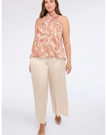 Bluza cu model paisley si decolteu halter, Bej/Lila/Roz