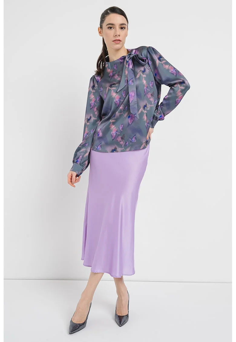 Bluza satinata cu model cu fluturi Calenta, Lila/Roz/Gri inchis