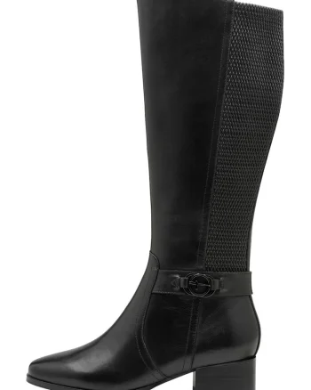 Cizme lungi de piele si piele ecologica cu toc masiv, Negru