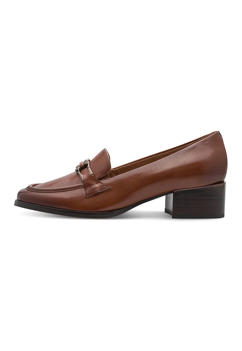 Pantofi loafer de piele ecologica cu toc masiv, Maro cognac/Maro