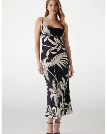 Rochie midi cu imprimeu cu frunze, Negru/Alb murdar