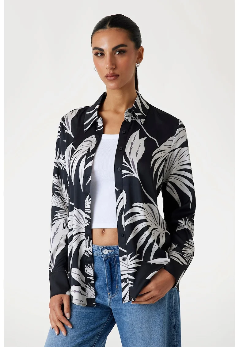Camasa cu imprimeu tropical, Alb/Negru