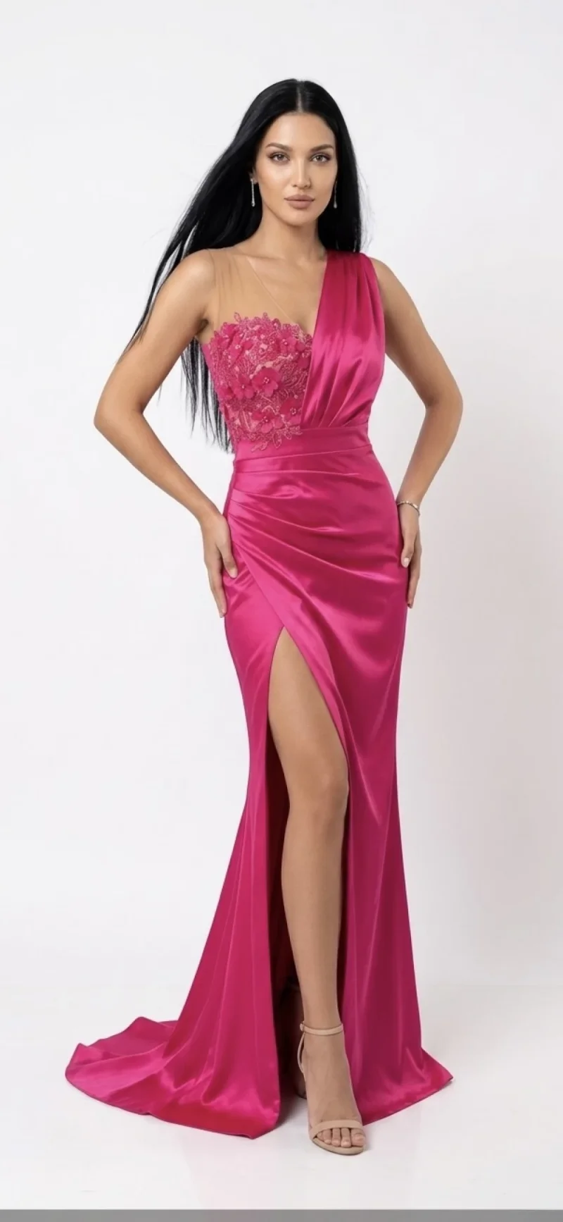 Rochie de ocazie lungă din tafta fucsia cu broderie la bust și șliț pe picior