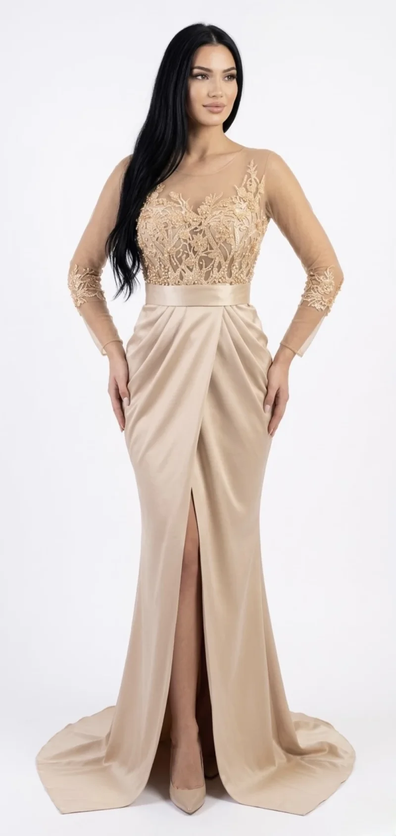 Rochie eleganta din tafta bej cu broderie pretioasa si perle in partea superioara