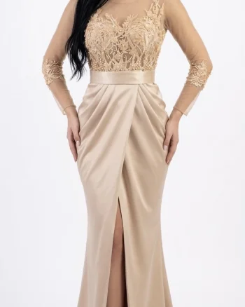 Rochie eleganta din tafta bej cu broderie pretioasa si perle in partea superioara