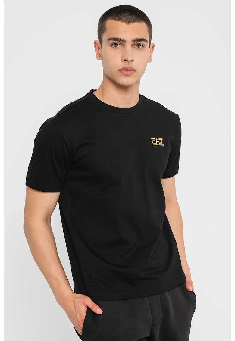 Tricou de bumbac cu decolteu la baza gatului si imprimeu logo, Negru