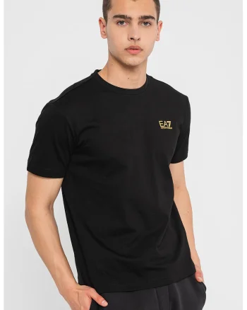 Tricou de bumbac cu decolteu la baza gatului si imprimeu logo, Negru
