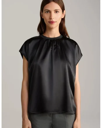 Tricou satinat cu guler rotund, Negru