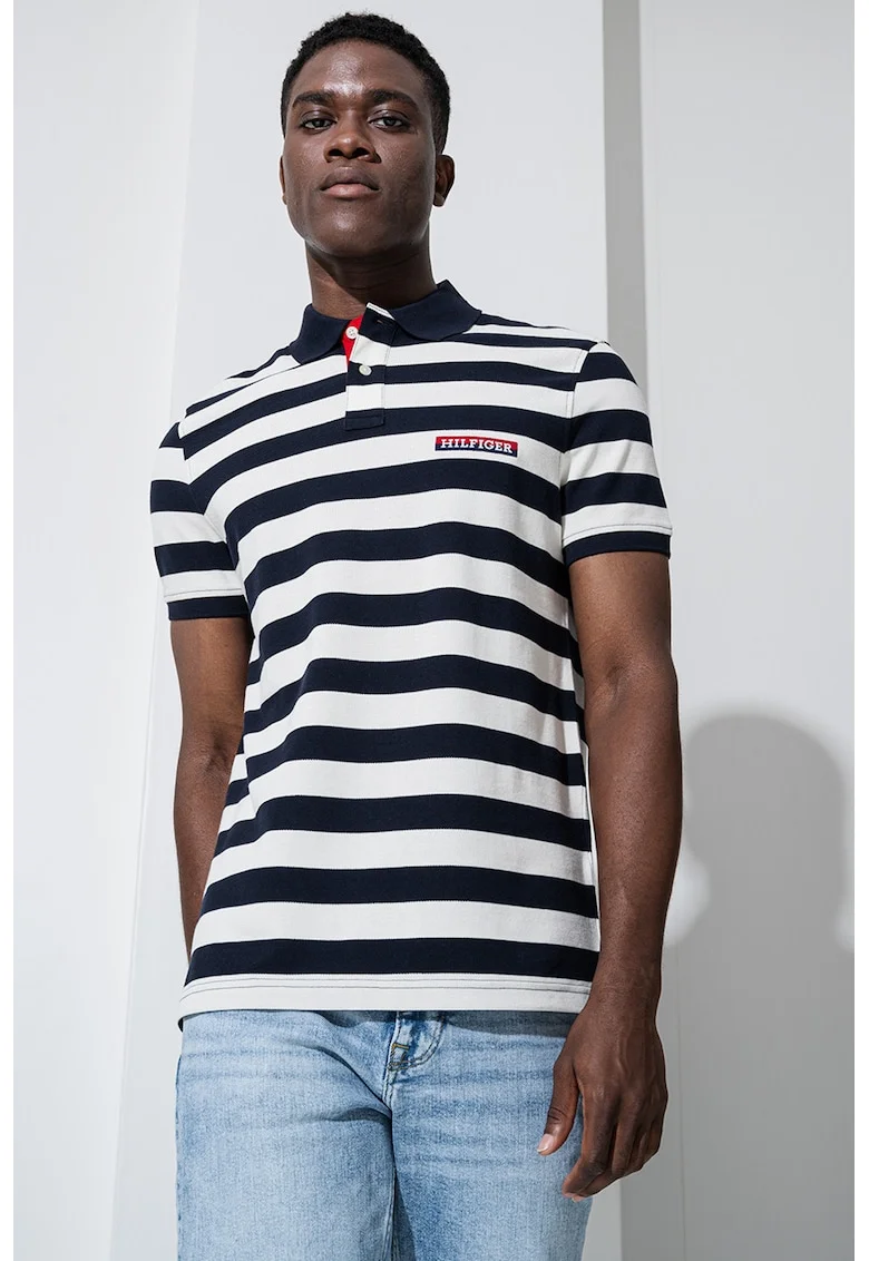 Tricou polo cu dungi, Crem/Bleumarin