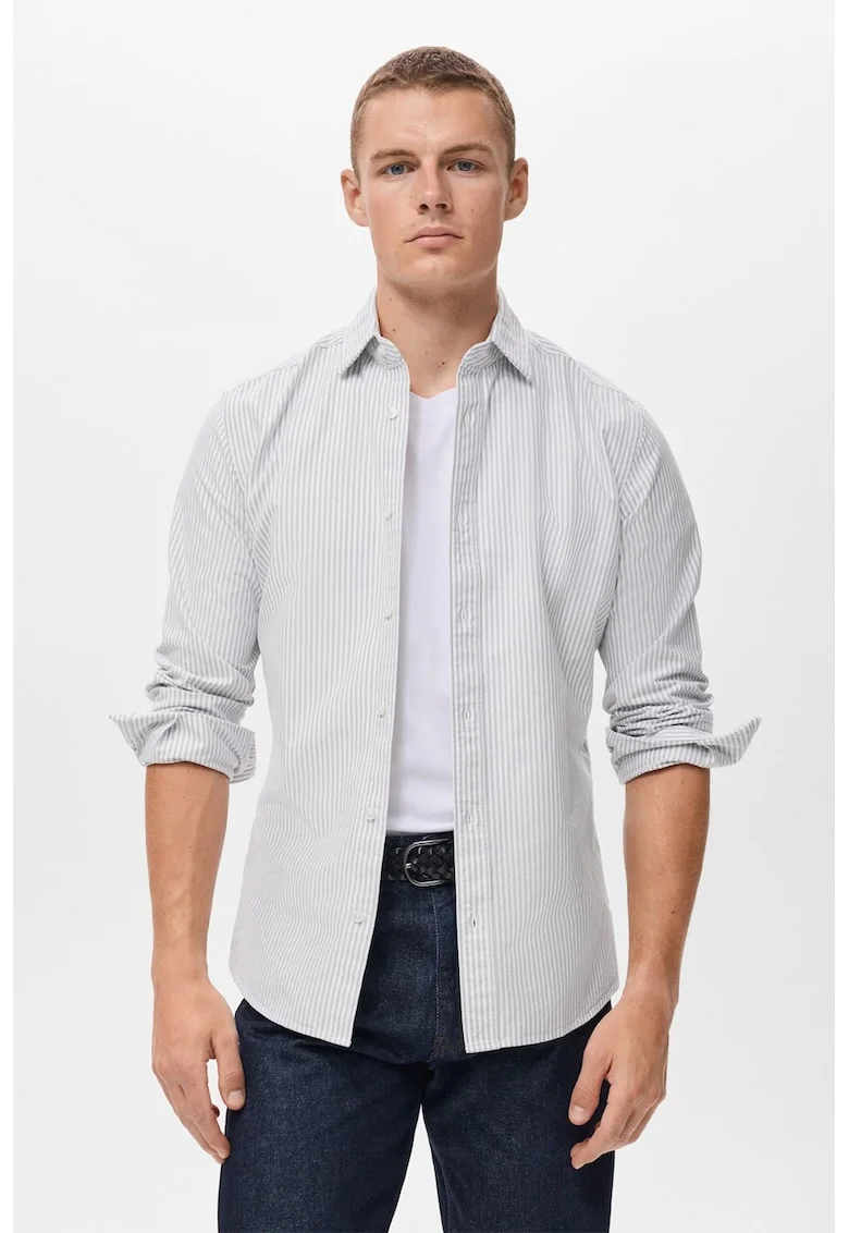 Camasa slim fit in dungi cu guler ascutit, Alb/Gri inchis