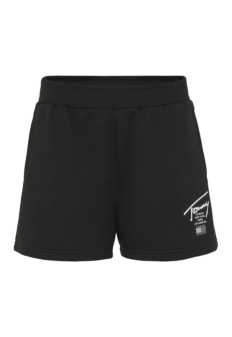 Pantaloni scurti din amestec de bumbac organic cu talie inalta si imprimeu logo, Negru