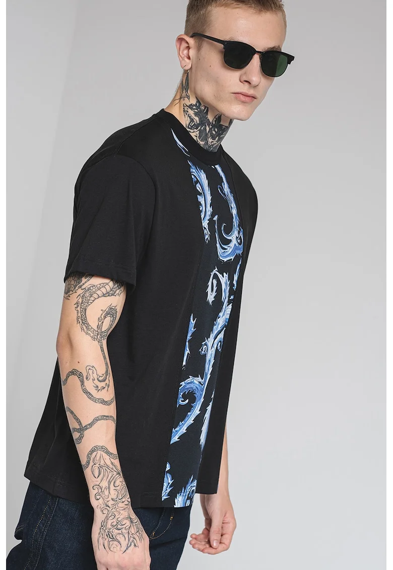 Tricou din bumbac cu model grafic, Albastru pastel/Negru/Alb murdar