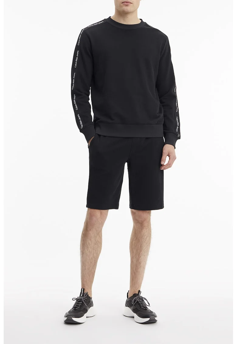 Bluza sport cu decolteu la baza gatului si benzi logo contrastante, Negru,